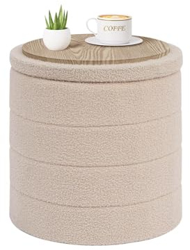 PINPLUS Hocker mit Stauraum Rund Aufbewahrungsbox mit Deckel, Faltbare Fußhocker Polsterhocker mit Stauraum 43x43x45 cm für Wohnzimmer, Schlafzimmer & Flur, Beige
