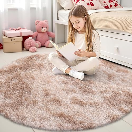 smiry Hochflor Teppich Wohnzimmer, Waschbar Anti-Rutsch Moderner Flauschiger Kuscheliger Teppich für Wohnzimmer Deko, Schlafzimmer, Kinderzimmer, 120 cm Rund, Beige