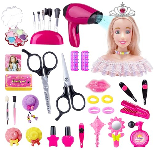YIBEBE Schminkpuppe Frisierkopf Kinder Friseur Set: Schminkkopf für Mädchen mit Puppenkopf und Friseur Zubehör Set - Kinderschminke Spielzeug Geschenk für Mädchen ab 3 4 5 6 7 8 Jahre (Set-3)
