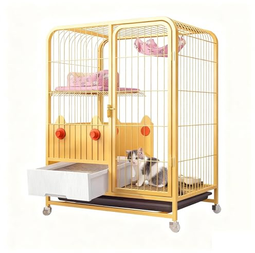 Kleintierkäfig Indoor mit Rollen, Metallkäfig für Kleine Haustiere mit Toilettenbereich, Plattformen & Hängematte, für 1–2 Katzen und Kleintiere