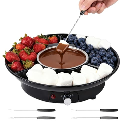 Set à Fondue au Chocolat Électrique, Pot à Chocolat 280 ml avec 2 Niveaux de Température, Casserole en Aluminium Amovible, Plateau de Service et 4 Fourchettes, Idéal pour Soirées Romantiques