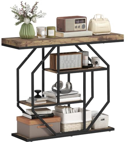 HOMCOM Industrial Console Table, 4-Tier, Circle Steel Frame, Rustic Brown | Hallway Table, Storage Shelves, for Living Room, Entryway