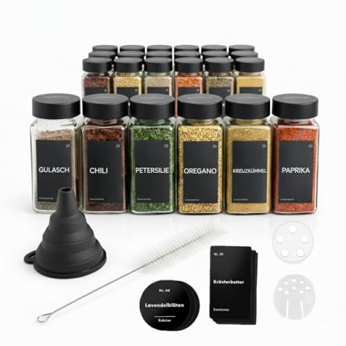 Generisch 24er Set Gewürzgläser eckig (120ml) mit Streueinsatz – Vorratsgläser inkl. Etiketten, Silikon-Trichter & Reinigungsbürste – Luftdichte Gewürzaufbewahrung für Schublade & Regal