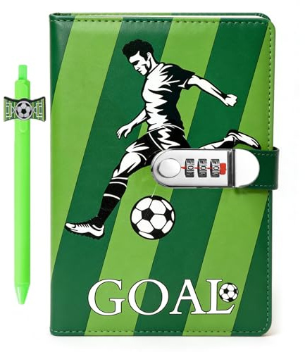 SIMDAO Tagebuch mit Schloss, Tagebuch aus PU-Leder mit Stift, 120 Blatt/240 Seiten, Fußball-Design mit Zahlenschloss, Geheimtagebuch für Kinder, Fußballgeschenk für Damen, Herren und Jugendliche