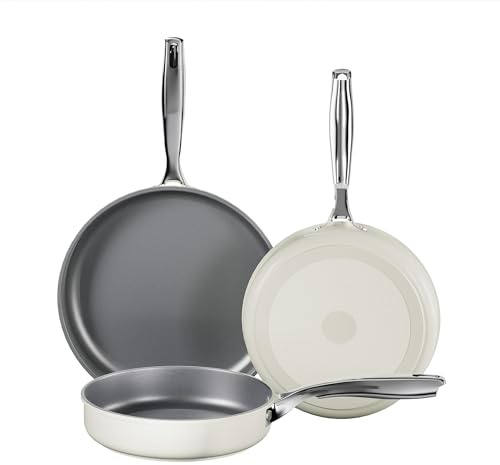Sartén Antiadherente Induccion, Pequeña Sarten Recubrimiento Ceramica, Fondo de Aluminio Para un Calentamiento Uniforme, Con Mango de Acero inoxidable, Sin PFOA ni PTFE ni PFAS (Gris, 20/24/28cm)