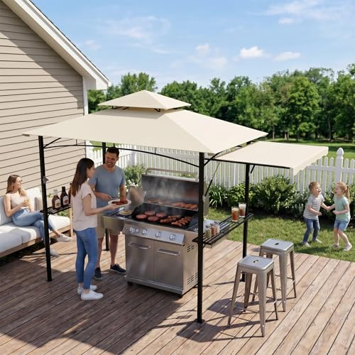 UISEBRT Tonnelle pour barbecue avec store latéral extensible, abri de barbecue avec 2 étagères, crochets et décapsuleur, double toit résistant aux intempéries pour ventilation et évacuation de la