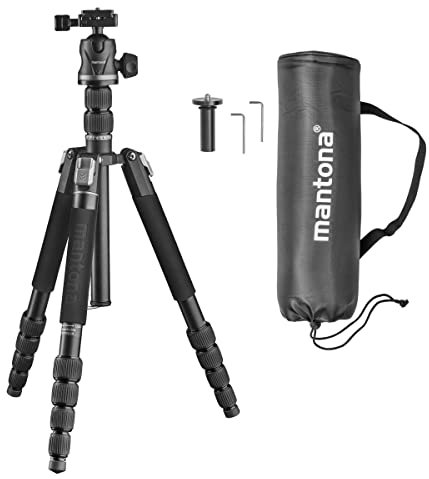 Mantona DSLM Travel Evolution 224 leichtes Allround Reisestativ mit Vollausstattung,360°Panorama Kugelkopf Arca-Swiss kompatibel, Aluminium, Fliplock Verschlüsse DSLM Travel Evo Max 255 173cm RingLock