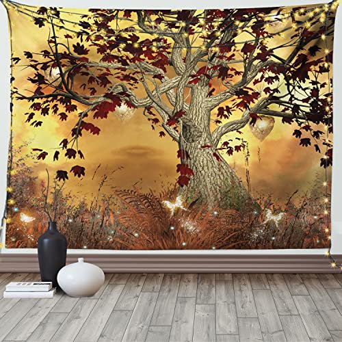 ABAKUHAUS Baum Wandteppich und Tagesdecke, Baum erdige Farbe Töne aus Weiches Mikrofaser Stoff Waschbar ohne Verblassen Digitaldruck, 230 x 140 cm, Bernstein