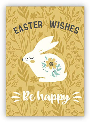 Süße englische Osterkarte mit Osterhase auf Wiese: Easter Wishes Be happy - Klappkarte zum Osterfest für Familie, Freunde & Kunden • edle Klappkarte mit Umschlag innen blanko