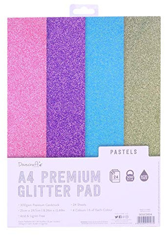 Dovecraft Glitter A4 Pad-Pastels – 24 Sheets – Non-shed – 300GSM – 4 Colours – Pink, Purple, Blue & Green-for Scrapbooking, Card Making, Home Décor, Party Crafts, Multicolour, One size