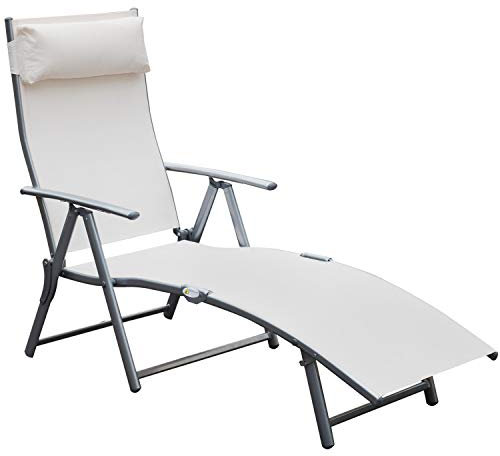 Outsunny Sonnenliege Strandliege Gartenliege Relaxliege klappbar mit Kissen Strand Metall+Stoff Cremeweiß 137 x 63,5 x 100,5 cm
