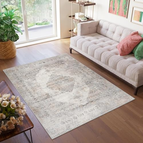 TAPISO Valley Teppich Kurzflor Grau Hellgrau Vintage Ornament 80 x 150 cm | Rahmen Rosette Used Effekt Wohnzimmer Schlafzimmer OEKO-TEX