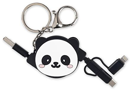 Legami - Câble de charge 3 en 1 rétractable, connecteurs USB, type C, micro USB, Lightning, pour synchronisation des données et recharge, avec porte-clés, longueur du câble 1 m, thème Panda