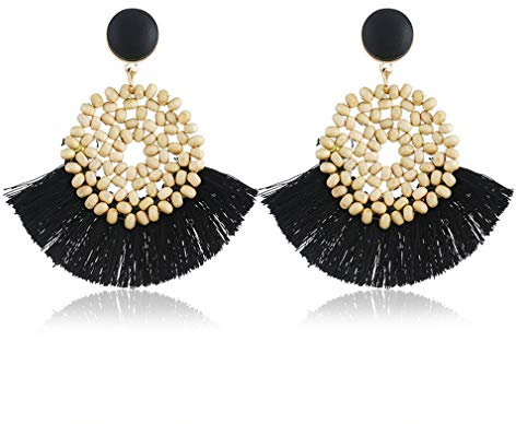 YAZILIND Bohemian Flower Beads Geometric Fan-shaped Tassel Pendant Drop Dangle Earrings Ladies Ear Jewelry(Black)
