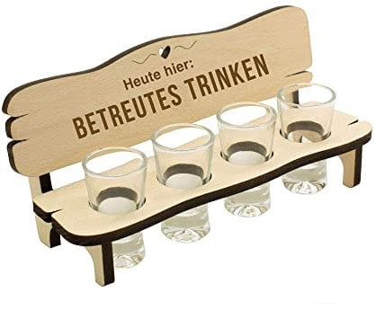 Spruchreif | Schnapsbank mit Gravur „Betreutes Trinken“ | Schnapslatte aus Holz mit 4 Gläsern | Originelles Geschenk für Männer & Frauen