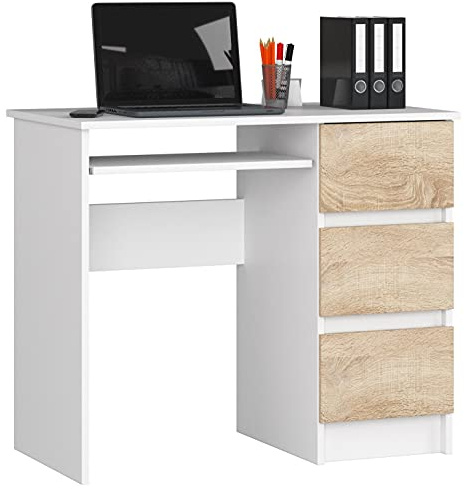 AKORD Schreibtisch A6 90 cm | 3 Schubladen Rechts | Schreibtisch | Bürotisch | Computertisch | Arbeitstisch | Laptoptisch | Bürmöbel | B90 x H77 x T50 cm | Gewicht 29,95 kg | Weiß/Sonoma Eiche