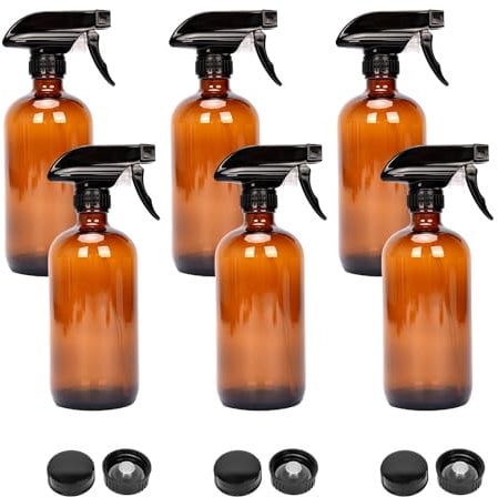 uyoyous Amber Glass Spray Bottle 6 Pack (500ml/16oz) Empty Refillable Container for Essential Oils Cleaning Organic Plant Cocking with BPA-Free Mist Trigger Sprayer Caps