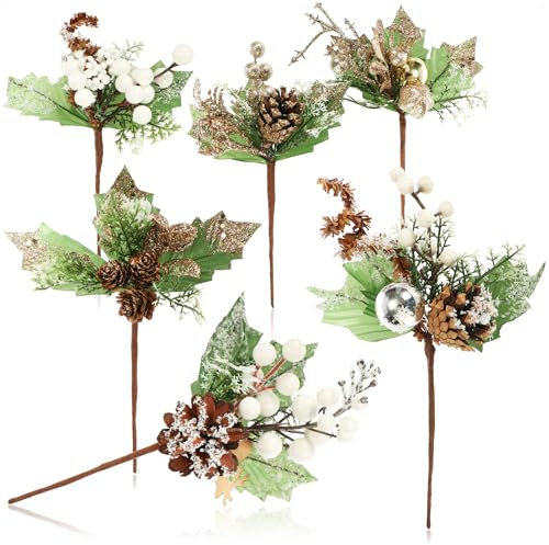com-four® 6X Deko-Mistelzweig, dekorative Mistelzweige zum Aufhängen, Dekozweige als Bastelbedarf, verschönert Geschenke und Potpourris (6 Stück - weiß + goldfarben)