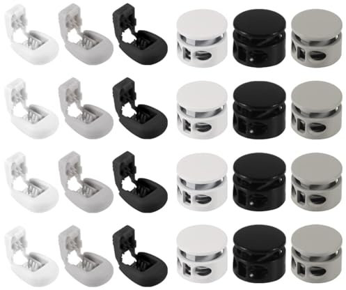24 pezzi Fermacorda a Molla 2 foro Estremità per Corda Metallo Stopper Abiti Cordicelle Ferma Corda per Abiti Cordicelle Zaini Cordicelle (Nero Bianco Grigio)