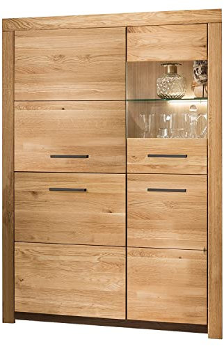 Möbel Jack Highboard - Wildeiche massiv geölt - B 102 cm - 1 Glas- und 3 Holztüren