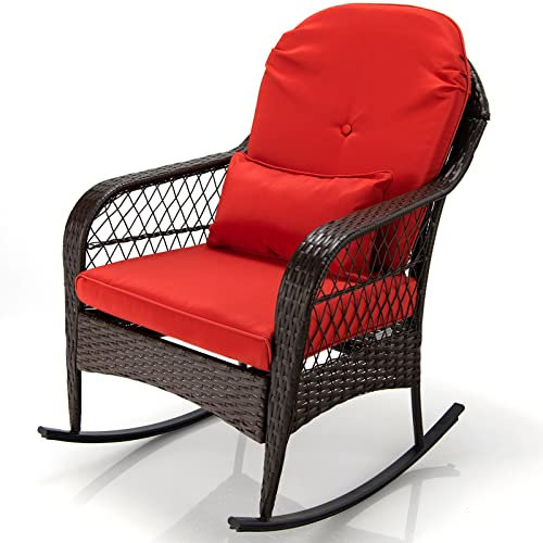 COSTWAY Fauteuil à Bascule, Chaise Berçante en Rotin PE avec Coussins, Structure en Acier Robuste, Rocking Chair Idéal pour Jardin, Piscine, Balcon, Montage Facile