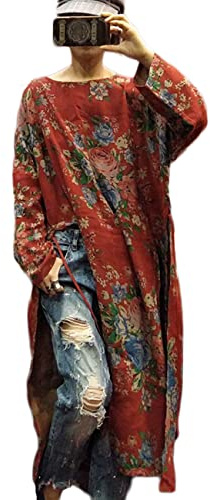 NFYM Women Vintage Floral Print Dress Cotton Long Sleeve Side High Split Drawstring Loose Robe Dress (as1, Alpha, one_Size, Regular, Regular, Red Floral, One Size)