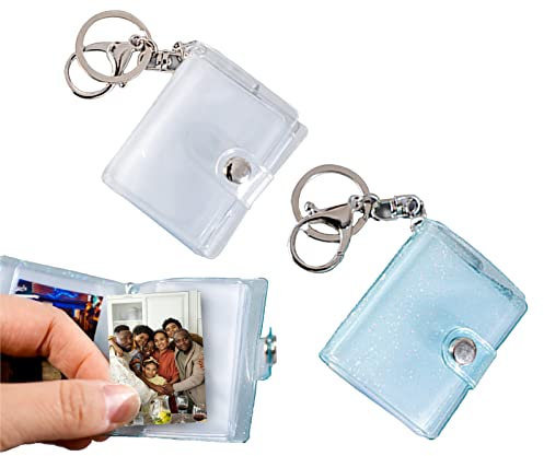 ZoeTekway 2-teiliges Mini-Fotoalbum, tragbares Fotoalbum mit Karabinerverschluss und Schlüsselring, 32 Taschen, personalisiertes Foto für 2-Zoll-Fotoaufbewahrung (glänzendes Blau und klares Weiß)