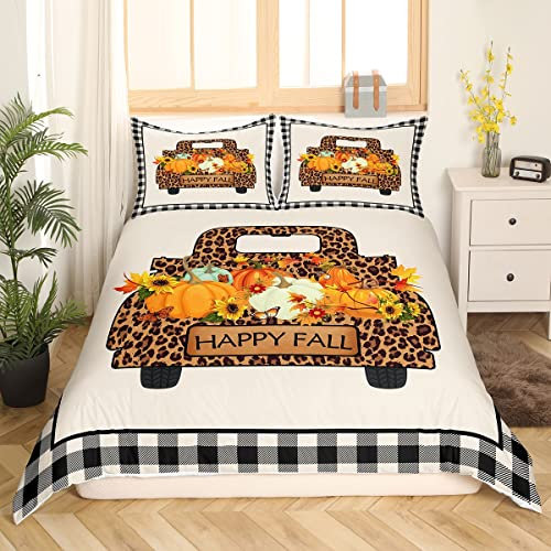 Kariertes Kürbis Leopard LKW Bettwäsche Set Herbst Thanksgiving Ernte Bettbezug für Teenager Mädchen 220 x 240 Schwarz Weiß Geometrische Gitter Bettbezug Schmetterling Sonnenblume Ahornblatt Dekor