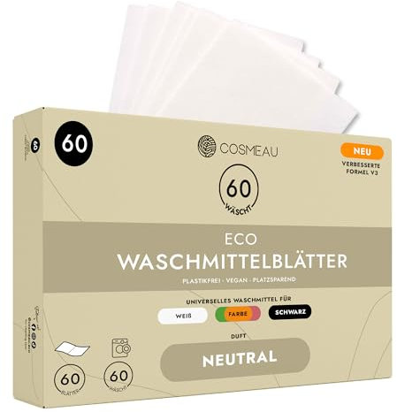 Cosmeau Waschmittel Blätter Neutral - bis zu 60 Waschgänge (60 Blätter) - Nachhaltiges Waschmittel für Weiß, Farbe und Schwarz - Plastikfrei, Abbaubar & Perfektes Reisewaschmittel