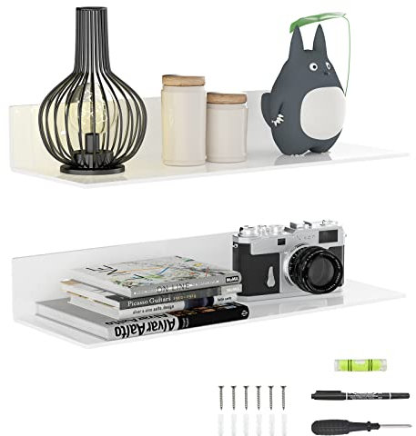 Sezanrpt 2 Pack White Acrylic Floating Shelves 17 Inches, Wall Hanging Bathroom Shelves, Wall Storage Shelf for Kitchen, Dining Room, Living Room, Bedroom, Bathroom, Retail, Supermarket