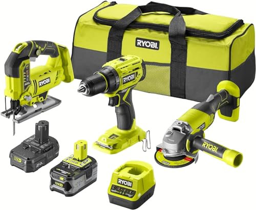 RYOBI - Pack 3 outils sans fil One+ : perceuse R18DD7 - meuleuse R18AG - scie sauteuse R18JS - 2 batteries 2Ah et 4Ah - 1 chargeur - 1 sac de transport