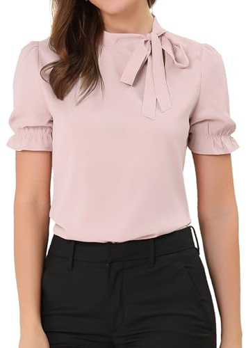 Allegra K Damen Sommer Elegant Bluse 50er Jahre mit Schleife Schluppenbluse Festliche Blusen Kurzarm Panel Fliege Hals Rüschen Top