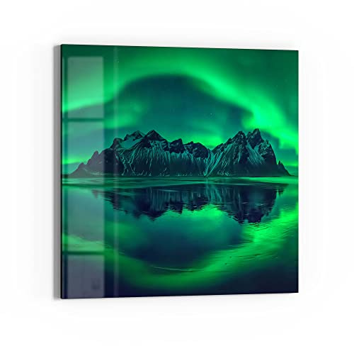 DEQORI Glasbild Echtglas | Motiv Vestrahorn im Polarlicht | quadratisch einteilig 50x50 cm | schöne Dekoration | Wandbild für Wohnzimmer, Schlafzimmer, Flur & Küche | moderne Wanddeko