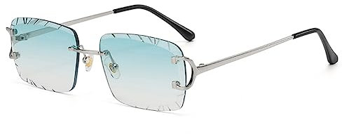kachawoo Rahmenlose Rechteck Sonnenbrille Randlose Sonnenbrille mit gravierten Kanten Braun Blau Grau Sonnenschirme Unisex (silver with green)