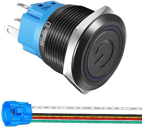 Gebildet 22mm 12V-24V/5A Interruttore a Pulsante a Scatto in Acciaio Inossidabile da Simbolo di Alimentazione LED 1NO1NC SPDT Impermeabile con presa a filo Spina (LED blu/guscio nero)