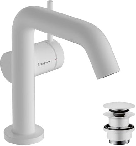 hansgrohe Tecturis S Fine - Waschtischarmatur mit Push-Open Ablauf, energiesparend (CoolStart), Wasserhahn Bad mit Auslauf Höhe 110mm, Mischbatterie Waschbecken wassersparend (EcoSmart+), Mattweiß