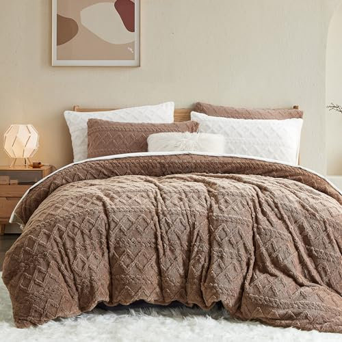 Freyamy Plüsch Bettwäsche 135x200 4tlg Warme,Romantisch Khaki Bettwäsche Getuftet Boho,Flauschig Teddy Bettwäsche-Sets für Winter,Geometrie Wendebettwäsche Flanell Mädchen,Kissenbezug 80x80