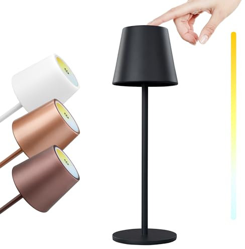 LED Akku Tischlampe TOUCH 36 cm - Kabellos - Dimmbar - Farbtemperatur einstellbar - für Garten Esstisch Schlafzimmer Balkon Hotel (Schwarz)