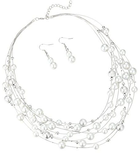 FULU AUTUMN Boho Perlenkette Damen Silber Statement Kette Mehrreihige Modeschmuck Geburtstagsgeschenk für Frauen(37-White)