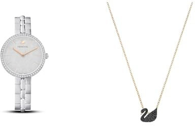 Swarovski Cosmopolitan Uhr, Metallarmband, Silberfarben, Edelstahl & Iconic Swan Anhänger, Schwan, Klein, Schwarz, Roségold-Legierungsschicht