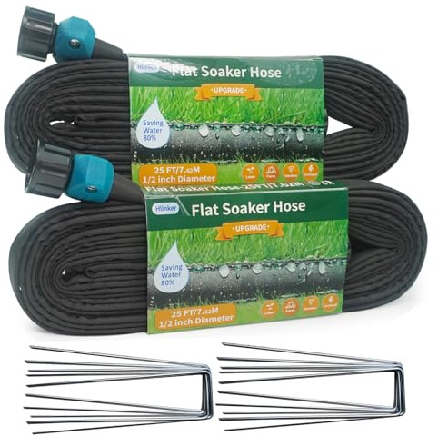 Hlinker 2026 Flat Soaker Hose 50 ft (25ft 2Packs) with Stake for Garden, Linkable Drip Hose Diy Automates Garden Irrigation System Saving 87% Water, Dual-layer Leak-free Design Water Hose with Holes