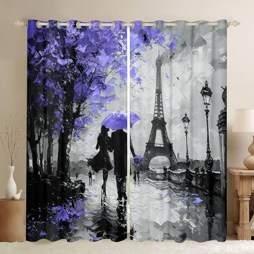 Homemissing Eiffel Handtuch Fenstervorhang 137x117cm Paar Lila Romantisch Paris Blickdichte Vorhänge für Wohnzimmer für Mädchen Frauen Liebhaber Valentinstag Vorhänge Frankreich Reise Vorhänge