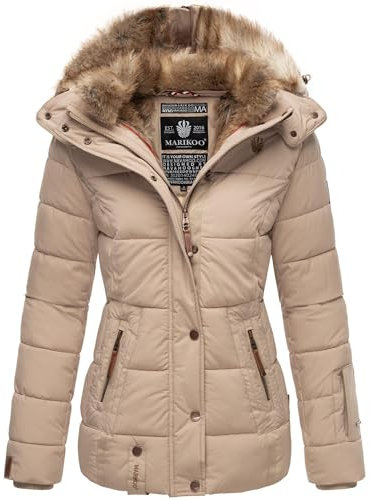 MARIKOO warme Damen Winter Jacke Winterjacke Steppjacke gefüttert Kunstfell B658 [B658-Nek-Light-Taupe-Gr.L]