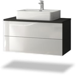 Stil.Zeit Badmöbel Thor inkl. Aufsatz Waschbecken, Waschtisch mit Unterschrank, 96cm, Korpus: Anthrazit, Front: HG Alpinweiss, Ablage: Anthrazit, Push-to-Open, hängend/Wandmontage