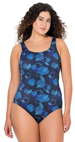 Ulla Popken Damen große Größen Übergrößen Plus Size Badeanzug, Blätter, ohne Softcups, recycelt Marine 58+ 835803130-58+