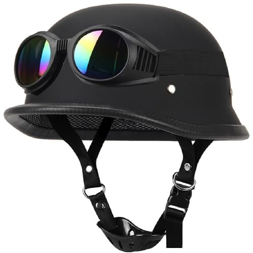 Beyswage Mezzo Elmetto da Moto Vintage Caschi Cromwell, Casco a Scodella con Occhiali Antivento, ECE/DOT Omologato, Nero, per Uomo e Donna Biker Cruiser Scooter Touring