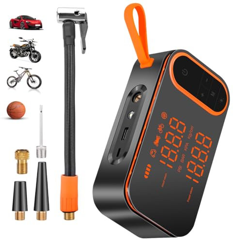 LUXHEIM Reifenfüller, kabelloser Kompressor, 12 V, USB, tragbare elektrische Fahrradpumpe, 150 PSI mit Digitalanzeige für Auto, Fahrrad und Motorrad mit LED-Licht