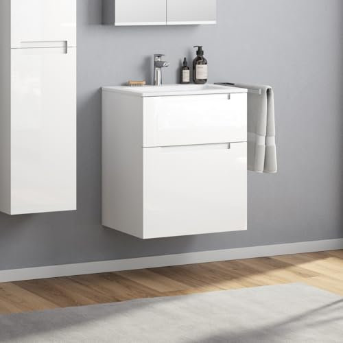 Zentrobad Premium Waschbecken mit Unterschrank lackiert 60 cm Waschtisch Badmöbel Badezimmer Schrank Badschrank mit Zwei Schubladen (Weiß glänzend)