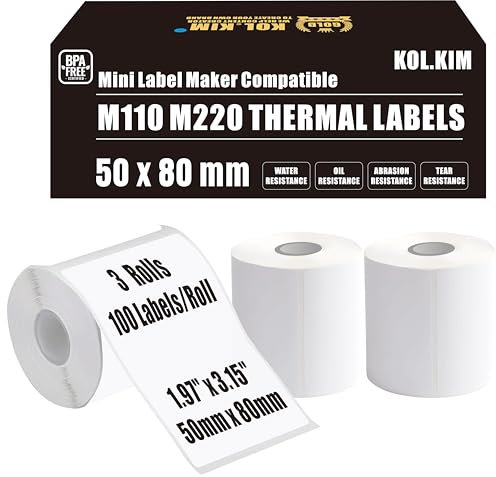 M220 Etiketten M110 Thermo-Etiketten für Phomemo M110 M220 M120 M221 Etikettenmacher-Klebeband, Nachfüllpackung für CLABEL 221B Etiketten-Nachfüllpackung, 50 x 80 mm, 3 Rollen, Weiß
