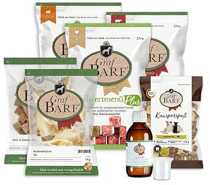 GRAF Barf Kennenlernpaket (1xVollwertmenü Rind, 1xVollwertmenü Lamm, 1xVollwertmenü Plus Hähnchen/Huhn, 1xSpezial-Öl, 1xObst- & Gemüse-Mix, 1xRinderohrstücke, roh und gefroren, 1xKnusper Mix)